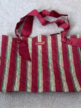 Longaberger Burgundy Striped Tote with Green and Cream Accents